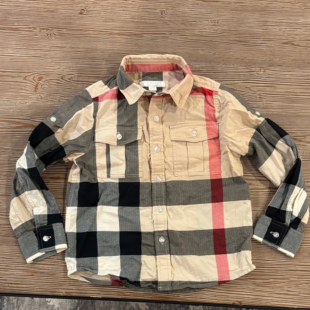 Burberry Kids Beige and Red Plaid Button Down Shirt